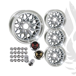 15x8 Silver Snowflake Wheels 1st 2nd Gen Pontiac Trans Am Firebird V2 w/Centercaps & LugNuts 