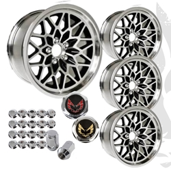 17x9 Black Snowflake Wheels Pontiac Trans Am Firebird w/Centercaps & Lug Nuts 