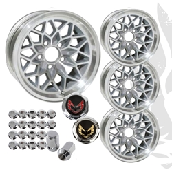 17x9 Silver Snowflake Wheels Pontiac Trans Am Firebird w/Centercaps & Lug Nuts 