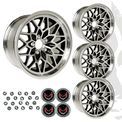 19x9.5 Black Snowflake Wheels Pontiac Trans Am Firebird w/Centercaps & Lug Nuts 
